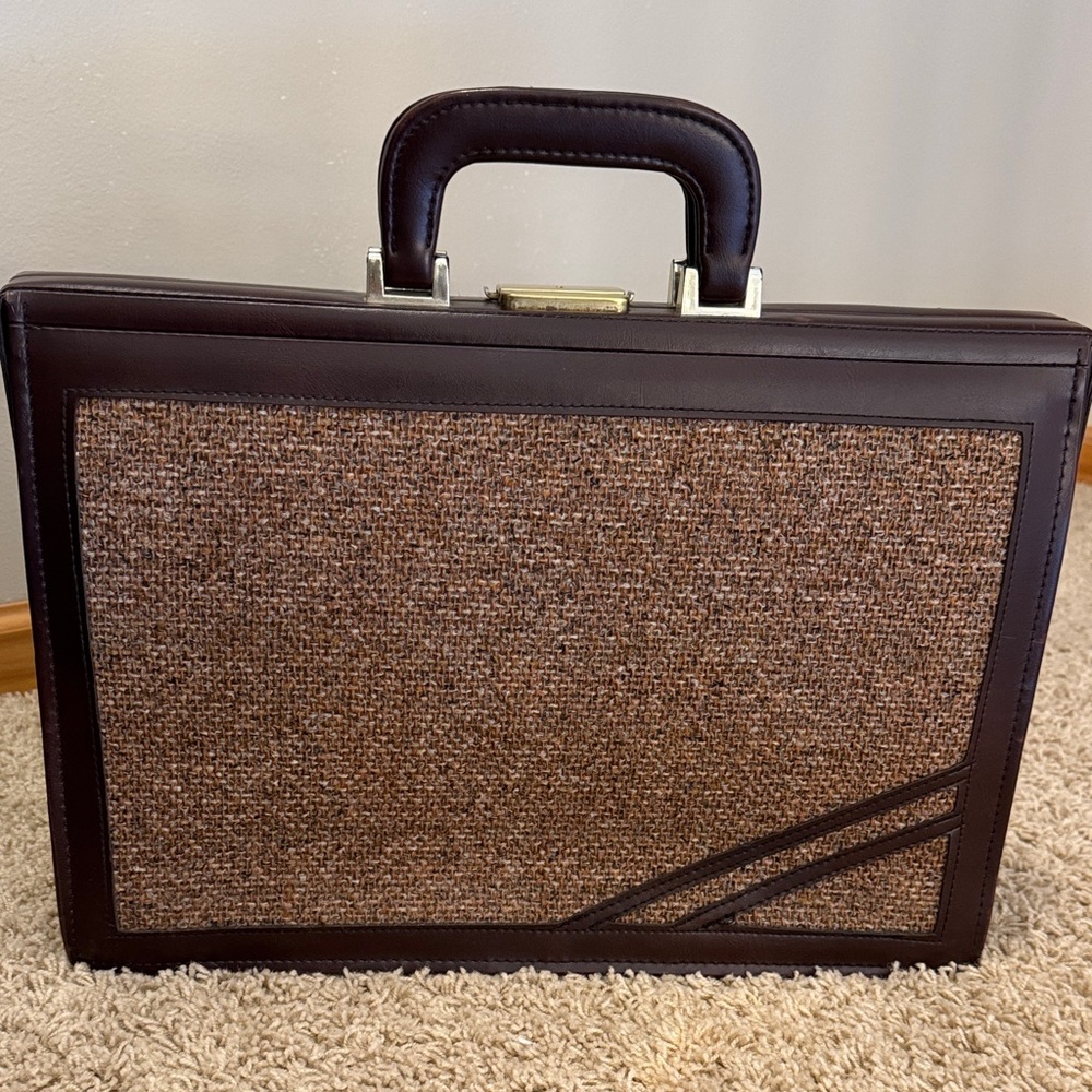 Vintage Brown Tweed & Leather Expandable Attaché Briefcase Portfolio